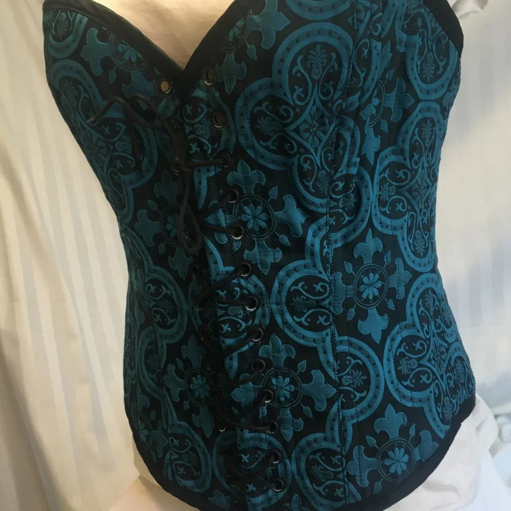 Brocade Reversible Blue Purple Steel Boned Waist Training Shaper Corset Sz Lg - Picture 13 of 16